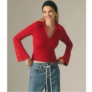 NWT Anthropologie Maeve Polo Bell Sleeve Sweater Women's XL Red Ribbed Holiday